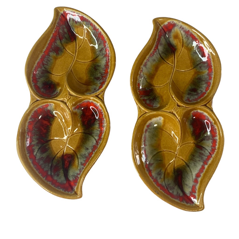 2 Vintage Santa Anita Ware Calif USA R-151 Pottery Mid Century Leaf Serving Dish